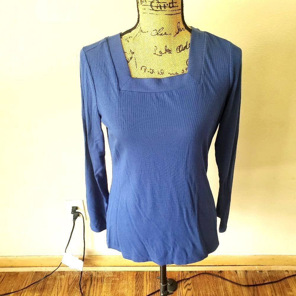 Susan Graver Womens Small Blue Ribbed Knit Square Neck Long Sleeve Top Shirt